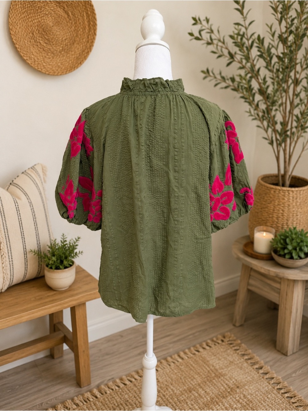 THML Olive Green Peasant Blouse with Velvet Magenta Appliqued Floral Sleeves - Picture 2 of 5